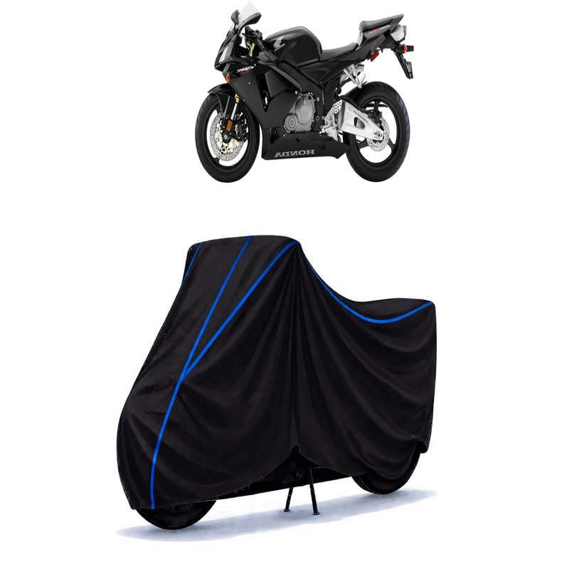 Image of 600 Bike Cover Water Resistant Universal Motorcycle Rain | Heavy Duty UV Protection, Dust, Scratch Indoor Outdoor All Weather with Black Blue Piping Elastic