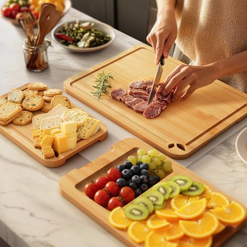 Juego de tablas para cortar de bambú con soporte y ranura para jugos miniatura 5