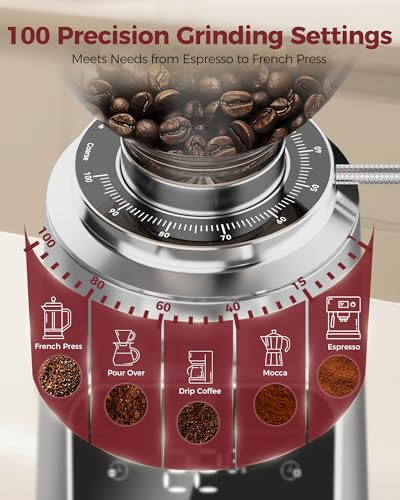 Image of Tuni G3 64mm Flat Burr Coffee Grinder, 100 Grind Settings Electric Espresso Grinder with Single Dose Set | Commercial Grade Precision, Touchscreen | Anti-Static Tech | Stainless Steel (Silver)