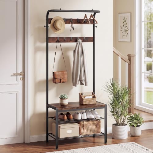 DUMOS 5-in-1 Hall Tree with Coat Rack and Shoe Bench, Industrial Entryway Storage Organizer with Top Hanging Rod, 10 Movable Hooks & Side Hooks, Mudroom Bench with 2-Tier Shoe Rack, Dark Brown