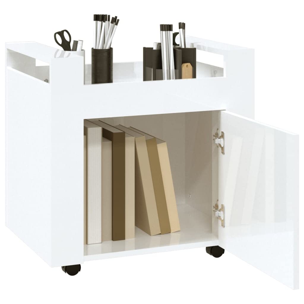 Hochglanz-Weißer Bürowagen 60x45x60 cm aus Holzwerkstoff mit 4 Rollen, stabile Oberfläche, Stauraum, Tür, ideal für Büroorganisation, langlebig, leicht beweglich, pflegeleicht
