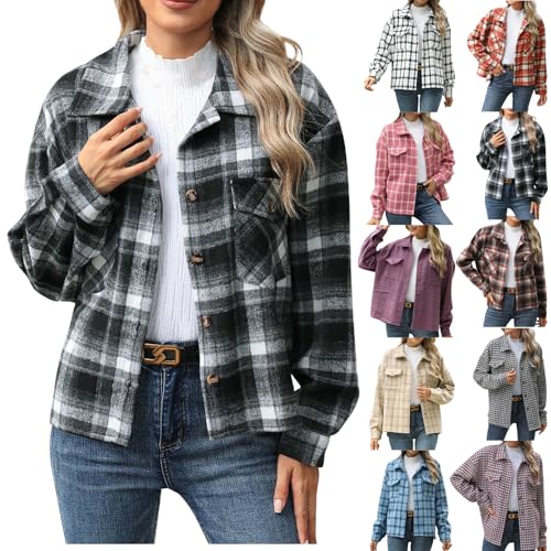 Womens Plaid Shacket Jacket Button Down Long Sleeve Plaid Flannel Shirts Fall Casual Loose Fit Coats Fashion Clothes