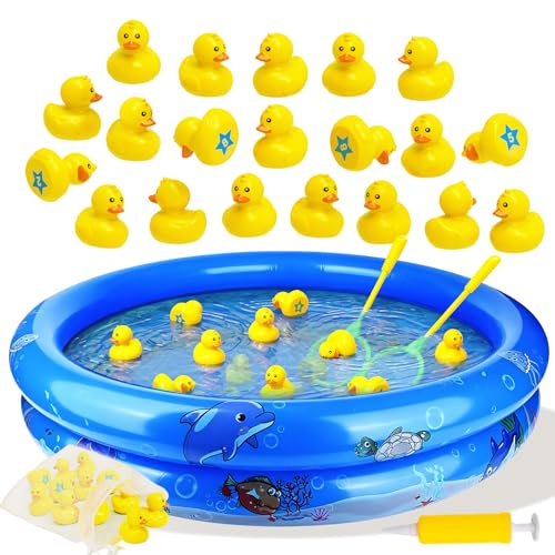 Duck Matching Game Toys for Kids - 20 Plastic Ducks with Numbers,34' x 7' Kiddie Pool | Storage Bag, 2 Nets - Fun Memory Games - Water Outdoor Game for Children,Preschoolers,Birthday Party Carnival