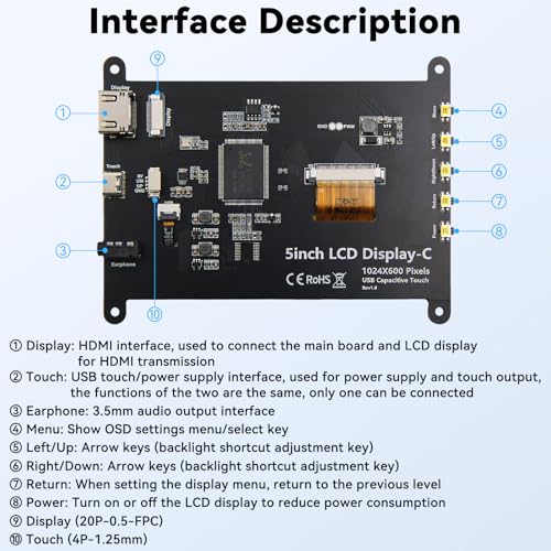 Image of 5 Inch Mini Monitor Small Monitor with Capacitive Touch Screen 1024 * 600 High Pixel Display Full View HDMI- IPS Monitors Portable for Raspberry Piscreen 、for BB Black、for Banana Pi etc