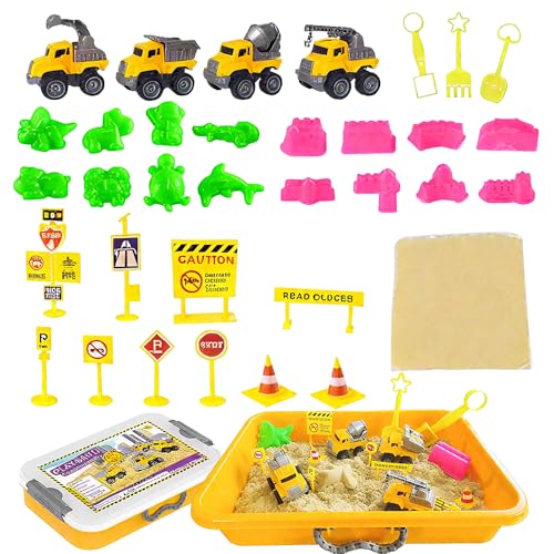 LYPPUL 35pcs Magic Sand Für Kinder,Magic Toy Sand Für Kinder, Kinetischer Sand Baustelle mit 1.36KG Sand, 4 Baustellenfahrzeug, 8 Burgformen, 10Straßensperren etc für kinder kinetic sands