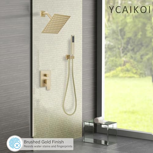 Image of Brushed Gold Shower System, 8 Inch High Pressure Rain Shower with Handheld, Wall Mount Shower Faucet Set for Bathroom, Rough-in Valve Body and Trim Included