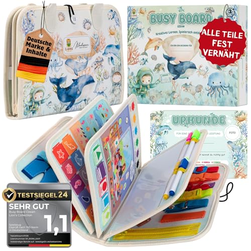 Lion’s Collection® Busy Board Deutsch - Montessori Spielzeug ab 3 Jahre zur Förderung von Motorik und Kreativität - Busy Book & Quiet Book auf 8 Seiten