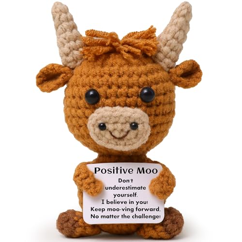 OkiyiD Mini Funny Positive Highland Cow, Knitted Wool Cow Toy with Positive Card - Creative Cute Crochet Doll Emotional Support Cheer Up Keepsake Gift for Friends, Women, Student, Christmas (Cow)
