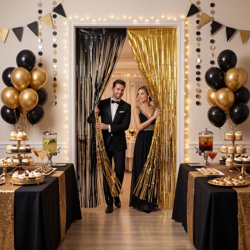 Image of TONIFUL 2Pcs Black and Gold Metallic Tinsel Foil Fringe Curtains Streamers | 3.3ftx6.6ft Photo Booth Backdrop Tinsel Streamer Curtain, Props for Bachelorette Birthday New Year Graduation Christmas Decor