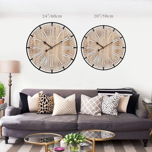 Image of EMAX HOME 20 Inch Large Farmhouse Wall Clock, Rustic Antique Wood with Metal Circle and Large Engraved Numerals, Silent Battery Operated Wall Clock for Office Kitchen Bedroom Living Room