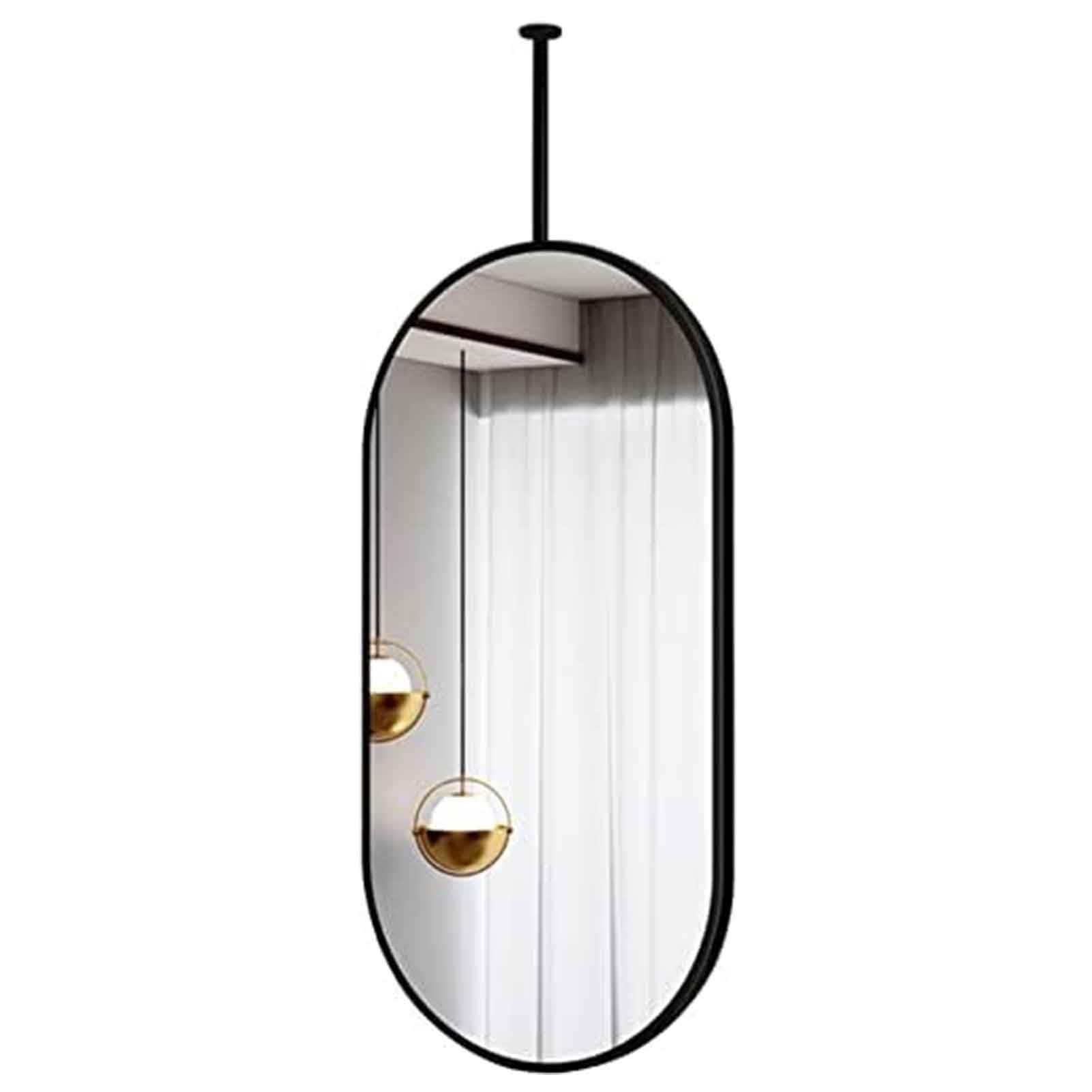 FGXHHS Ceiling Mount Mirrors for Bathrooms Suspend Black Metal Framed Oval ceil Mirror a Window Vanity - Supports Customised Rod(40cmx60cm)