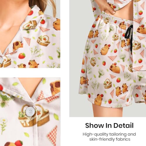 Image of Funny Pajamas for Women Set Print Satin Loungewear Pjs Short Sleeve Button Down Top and Shorts Sets Sleepwear XS-3XL