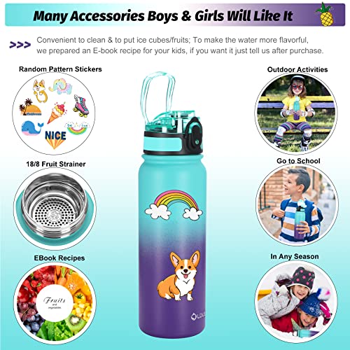 Water Bottles 20 Oz Insulated Stainless Steel Water Bottle With Straw Chug Spout 3 Lids/10 Stickers Double-Wall Vacuum Thermal Keep Warm Cold, Leak & Sweat Proof For Kids Adults School Camping Sports #TOP4