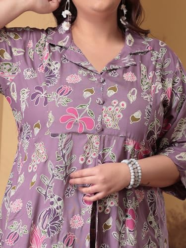 Image of Stylum Women's Plus Size Floral Printed Rayon Kurta Pant Set Mauve