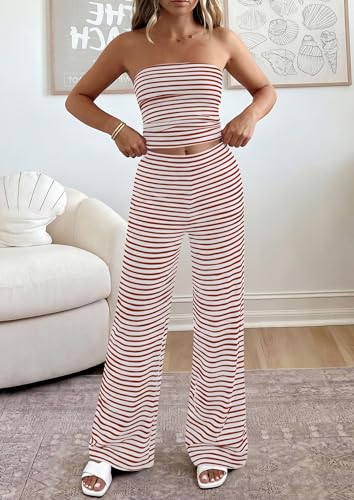 PRETTYGARDEN Two Piece Striped Sets for Women Summer Travel Outfits 2026 Spring Y2K Going Out Vacation Clothes Loungewear (Brick Red,X-Large) — view 6