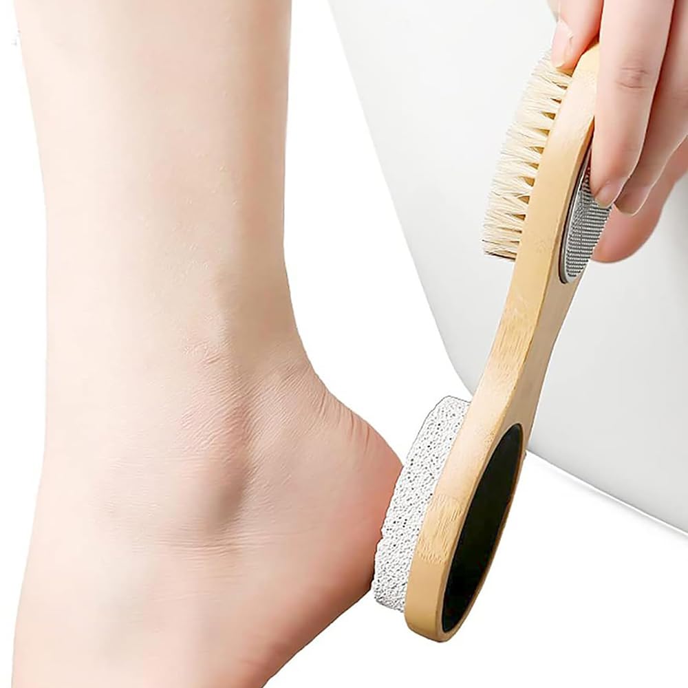 Spazzola per Piedi in Legno con Pietra pomice 4 in 1, rimozione Calli per Pelle Dura con Spazzola in setola per la Cura dei Piedi, Pietra pomice, raspa mentale per i Piedi