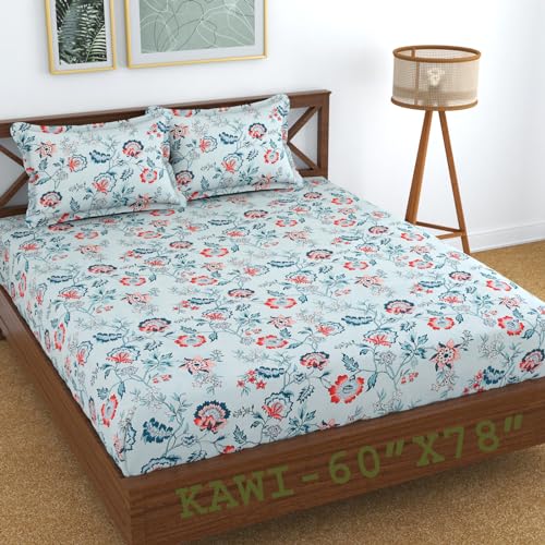 Image of KAWI Elastic Fitted Bedsheets Queen Size (60 inchx78 inch) Premium Cotton Feel for Double Bed with All Around Elastic, 2 Large Pillow Cover, 200TC - Firozi Color, Floral