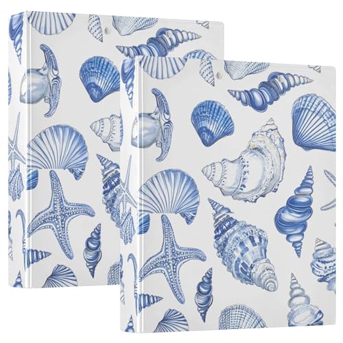 Image of Blue Seashells Ocean Nautical Coastal 3 Ring Binder with 2 Interior Pockets 1.5 inch Binders 3 Ring Heavy Duty Fit 8.5 inch x 11 inch Letter Size for Office School, 2 Pack
