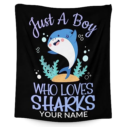 Personalized Shark Blanket Gifts with Name - 50"x60" Cute Throw Blanket for Boys - Black Soft Fuzzy Blankets for Bed, Couch & Living Room
