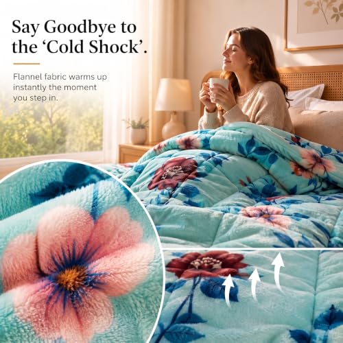Image of SANMARINO Luxury Flannel Quilted Comforter for Double Bed | Ultra Soft Plush Razai with Modern Floral Design | Fuffly, Cozy All Season Blanket for Mild & Heavy Winter |220x230 cm,Aqua Blue & Teal