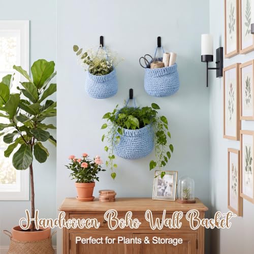 Image of Honeydak 3 Hanging Baskets, Light Blue, Barrel, Cotton Rope