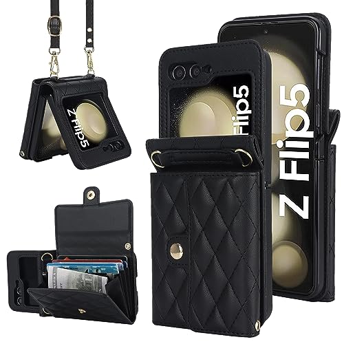 for Samsung Galaxy Z Flip 5 Accordion Crossbody Wallet Case, 4 Card Slots, RFID Blocking, and Adjustable Strap - Stylish and Versatile Accessory for The Modern, Chic Woman (Black)