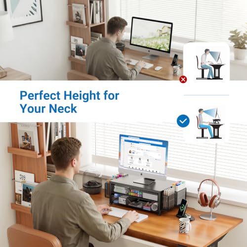 Image of OPNICE Desk Organizer and Accessories, 2-Tier Computer Monitor Stand Riser with Drawer and 2 Pen Holders, Laptop Stand, Office Desk Accessories for Office Supplies, Black Double-Drawer & Dual Pen Holders