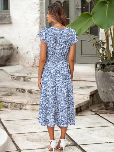 Image of BerryGo Women's Floral Boho Ruffle Summer Midi Dress Short Sleeve V Neck Empire Waist Swing Flowy Dress