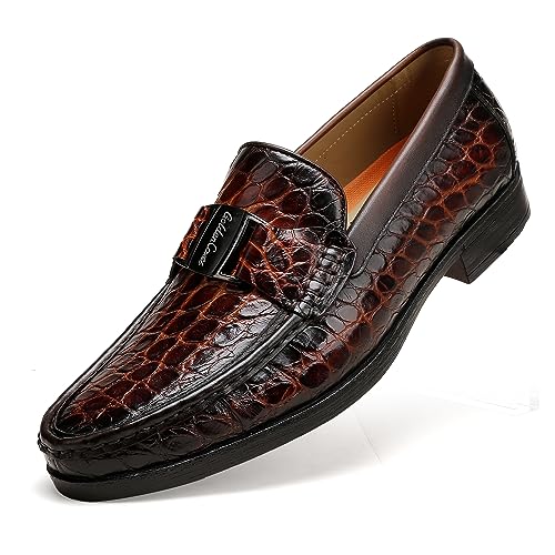 Classic Mens Leather Dress Shoes, Luxury Crocodile Printed Slip on Loafer with Matel Buckle Penny Shoes for Mens