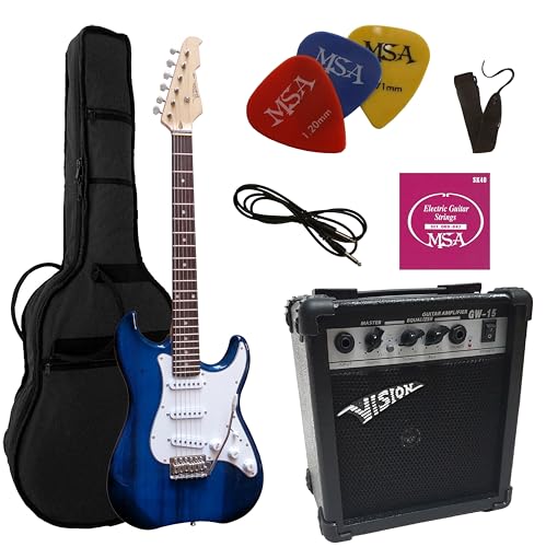 ELEKTROGITARRE DUNKELBLAU TRANSPARENT - E-GITARRE - IM SET MIT 20WATT VERSTÄRKER - TASCHE - BAND - SAITEN - 3xPIK