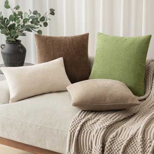 Image of Foindtower Pack of 2 Soft Textured Chenille Throw Decorative Pillow Covers Square Accent Solid Cushion Cover Neutral Farmhouse Pillow Case for Couch Sofa Bedroom Living Room 20x20 Inch,Lush Green