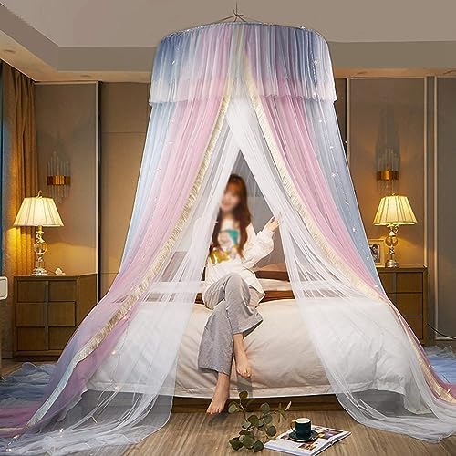 Mosquito Net Bed Canopy with Lights Princess Bed Netting Canopy for Bedroom Decoration Double Layer Round Dome Canopy Bed Curtains,Pink