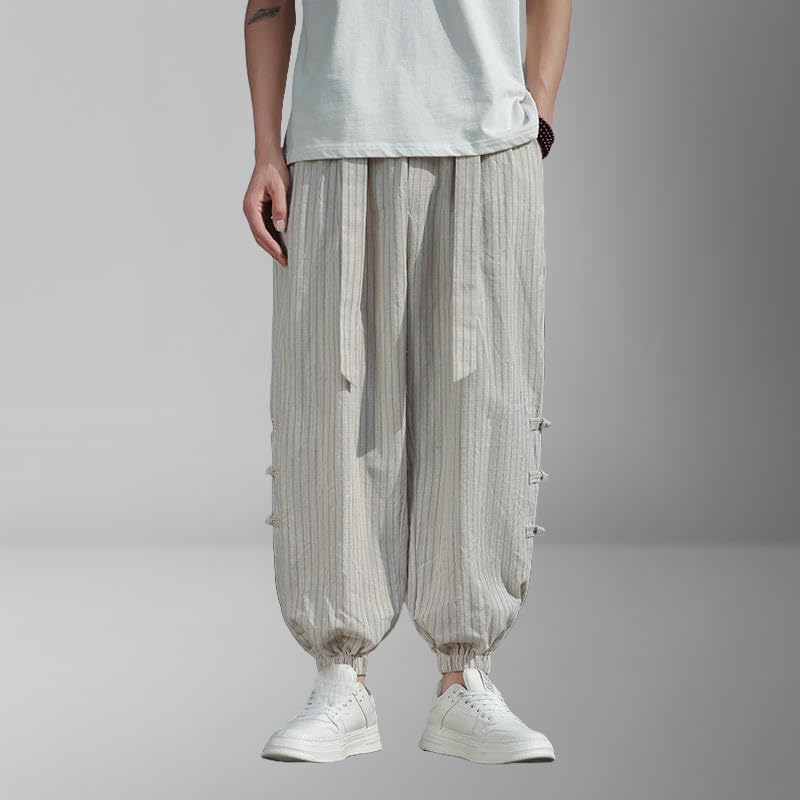 Men's Summer Chinese Style Trendy Thin Loose Cotton Linen Striped Jogger Pants3