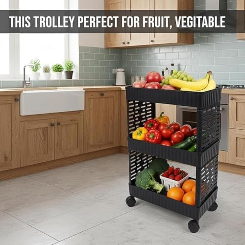 Image of 3-Tier Rolling Storage Cart with Wheels | Multipurpose Plastic Utility Organizer Trolley for Kitchen, Bathroom & Home | Black (1 Pcs, 3 Layer)