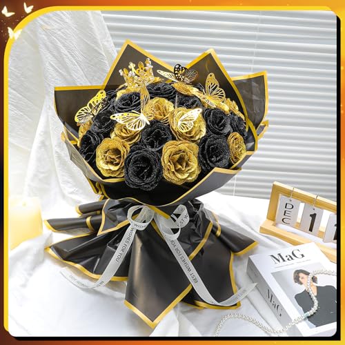 taonganui 36 Stück Glitzer Rosen,Schwarz Gold Künstliche Rosen mit Schmetterlingsdekor Band Karten,DIY Glitzer Blumenstrauß für Valentinstag Hochzeitstag Verlobungstag Geburtstag(Schwarz+Gold)