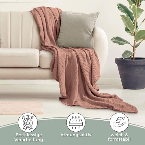 LAYNENBURG Premium Musselin Tagesdecke 180x220 cm - 100% Baumwolle - extraweiche Baumwolldecke als Kuscheldecke, Bett-Überwurf, Sofa-Überwurf, Couch-Überwurf - warme Sofa-Decke (Mokka)