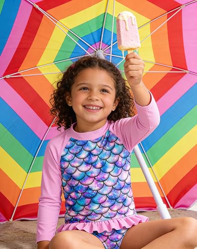 Image of Little Girls Bathing Suit Set Size 6 7 Sun Protection Quick Dry Rash Guard 2 Pieces Swimwear Summer Beach Stylish Swimsuit Long Sleeve 6-7 Years