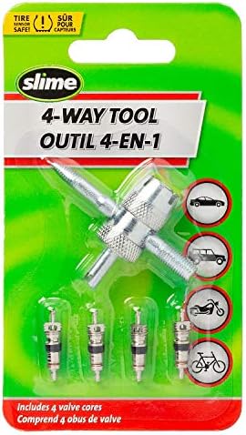 Slime 4-Way Tire Valve Tool with 4 Valve Cores