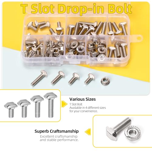 Image of 40 Sets M5 T Slot Drop-in Bolt, M5 x 10 /12 / 16 / 20mm Hammer Head T-Slot Drop-in Stud Sliding Bolt Screw with Flange Nut for European Standard 20 Series Aluminum Profile