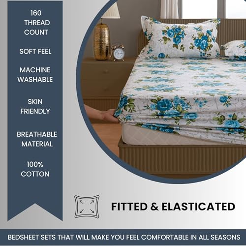 Image of Swayam Pure Cotton King Fitted Bedsheet with 2 Pillow Covers | Size 72 x 78 x 10 inch | 160 TC | Floral Design | Soft Breathable Bed Sheet | Comfortable & Durable for Bedroom - Cream & Blue