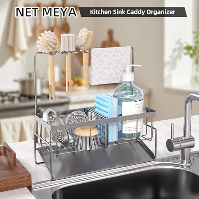 NET MEYA Sponge Holder for Kitchen Sink,Stainless Steel Sink Caddy with Dish Brush Holder,Kitchen Sink Organizer Countertop Sink Holder,Sponge Caddy Sink for Kitchen Sink