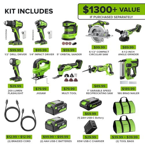 Image of Greenworks 24V Brushless 10PC TOOL, Drill+Impact Driver+Circular Saw+Recip Saw+Jig Saw+Sander+Light+Multi-Tool+Nailer+Grinder (2) 4.0Ah+2.0Ah Batteries (24,000mAh PB) USB-C Charger, High Efficiency