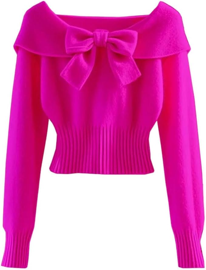 Women's Bowknot Knitting Sweater Cinched Waist Crop Base Layer Tops Solid Color Knitted Pullovers