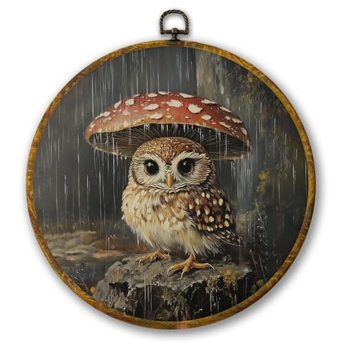 Mcehtle Vintage Owl and Mushroom Cottagecore Wall Art Decor, Dark Academia Whimsical Framed Canvas P