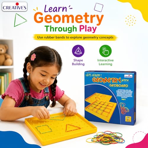 Image of Creative's Educational Geometry with Geoboard |Games and Activity Guide | Easy & Fun Way of Learning Geometry Shape | for Kids Ages -6 Years and Up (20 Rubber Bands)