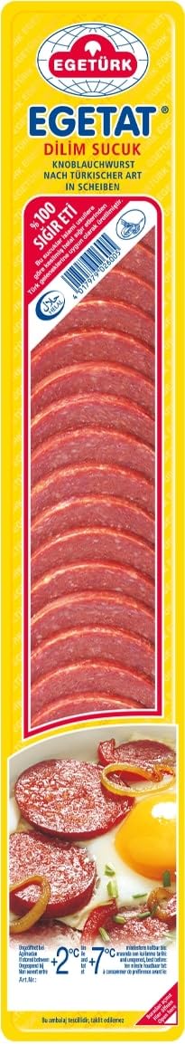 Egetürk Egetat Dilim Sucuk - 20x 200g - Knoblauchwurst nach türkischer Art in Scheiben aus 100% Rindfleisch, Halal, traditionell luftgetrocknete türkische Spezialität, zu Raclette, Pizza, Sandwichs