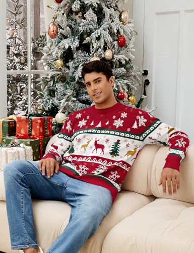 Namatime Weihnachtspullover Herren Lustig Weihnachtspulli Ugly Christmas Sweater Rundhals Strickpullover mit Elch Unisex Weihnachts Pullover Familie Set Rot-Weihnachtsbaum S