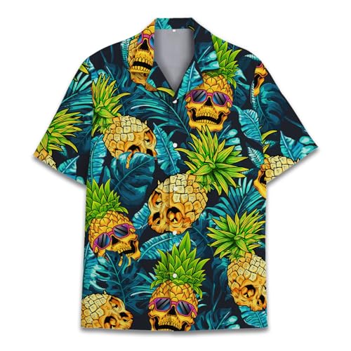 Camicia hawaiana con teschio pirata da uomo e donna, vintage, con teschio pirata e mappa del tesoro, abbottonatura a maniche corte, Teschio di ananas 1, XL