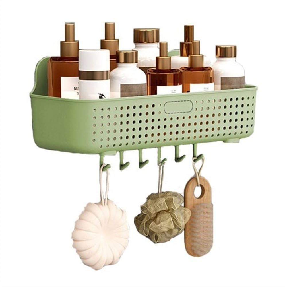 ZwXy2V bathroom shelf Plastic Shower Caddy Wall Mounted Organizer with 6 Hooks No Drilling Storage Basket Shower Caddies