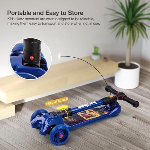 Image of Baybee Flash Kick Scooter for Kids | Smart Foldable 3 Wheel Kids Scooter with 4 Height Adjustable, LED PU Wheels & Brake | Skating Scooters Upto 75 Kg Capacity | Skate Scooters for Kid (Blue)